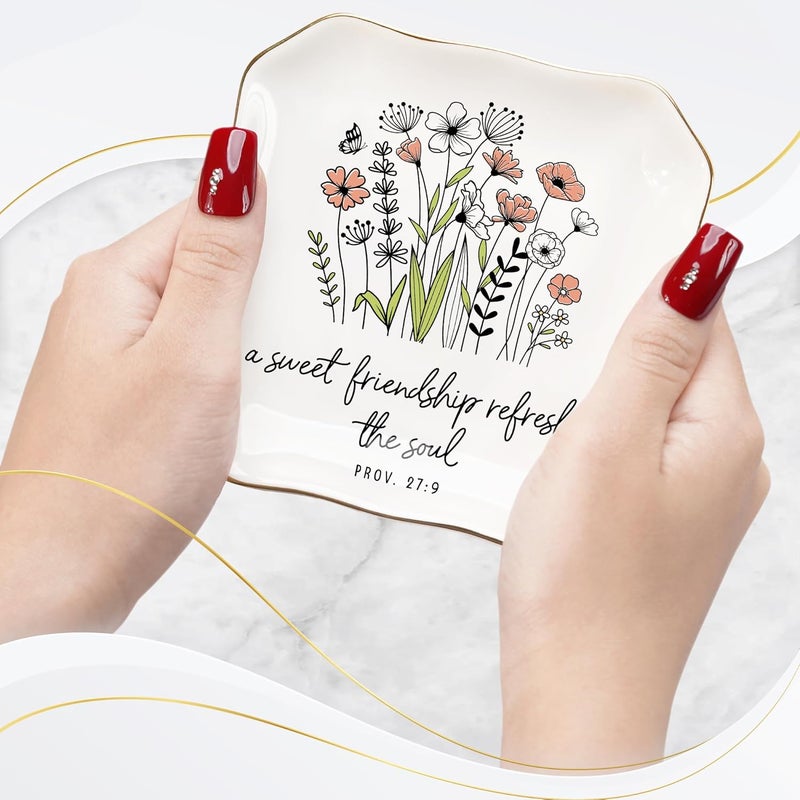 HEXMOZ Friend Gifts for Women, Best Friends, Soul Sister - Friendship Gifts - Christian, Birthday, Valentine's Gift Ideas - A Sweet Friendship Refreshes The Soul 4.5"X4.5" Ceramic Jewelry Dish Tray - Image 2